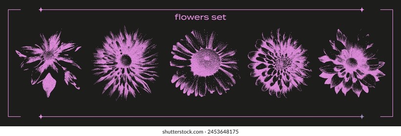 Farbsatz mit Retro-Fotokopieeffekt. Blumen, Kamille, Ostern, mit einem Korneffekt. Eine moderne Y2K-Illustration.