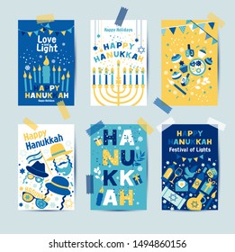 Set of colors six Hanukkah greeting cards with candles, dreidel, Jewish star, oil, menorah, donut, cupcake, confetti, letters. Layout for Festival of Lights invitation, Jewish greeting cards.