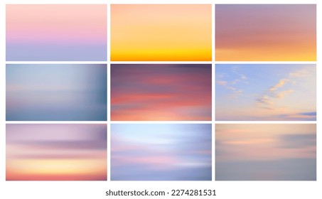 Colores de cielo a primera hora de la mañana. Colección del cielo al atardecer como fondo. Gradiente de cielo de puesta de sol azul y naranja de plantilla, fondo del espacio de copia. Cielo vectorial rojo de noche sin nubes.