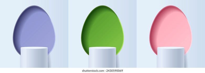 Set of colors violet, green, and pink for displaying products on Easter background concept, White 3D cylinder podium with a wall of geometric oval windows as a backdrop, Vector illustration