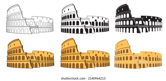 Set of Colosseum in Rome, Italy vector. Colosseum hand drawn illustration. Symbol of Ancient Rome, gladiator fights. Vector illustration.