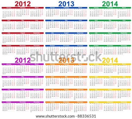 Set of colour 2012, 2013 and 2014 Calendar