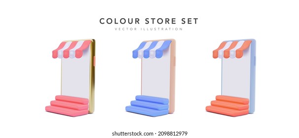 Set of colour 3d realistic store in your phone with stairs isolated on white background. Vector illustration