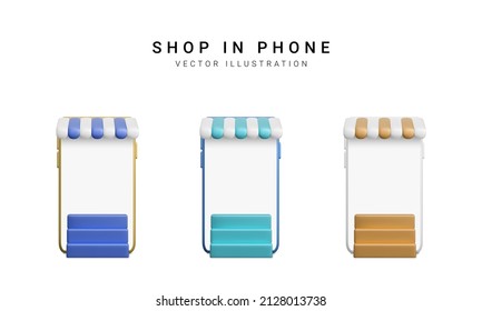 Set of colour 3d realistic store in your phone on white background. Vector illustration