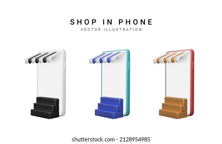 Set of colour 3d realistic store in your phone on white background. Vector illustration