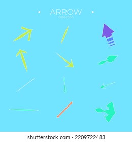 Set of colour arrows. Colorful comic arrow. With elegant style. Curly and wave orientation. Arrows Isolated