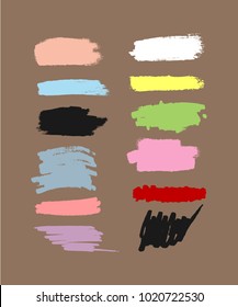 Set of colour brush strokes. Textures of watercolour smears. Grunge, paint, sketch. Pink, white, blue, yellow, black, red, purple, red. Vector illustration.