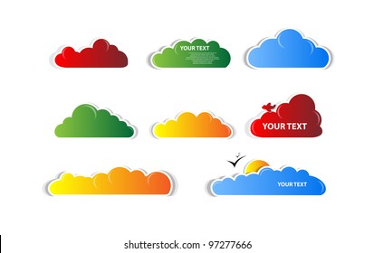 set of colour clouds with sun and birds vector