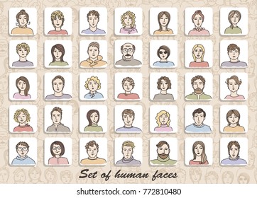 The set of colour contour different human faces on the seamless backgroud in the form of people crod/ Vector background.
