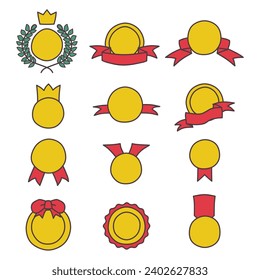 Set of colour illustrations of simple hand-drawn gold medals combined with crowns and ribbons.