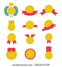 Set of colour illustrations of simple hand-drawn gold medals combined with crowns and ribbons.