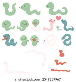 Set of colour illustrations of various deformed snakes in carapace colours.