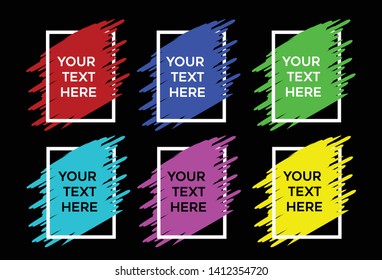 Set of colour paint, ink brush stroke, brush, line or texture. Dirty artistic design element, frame or background for text.  Isolated on black background