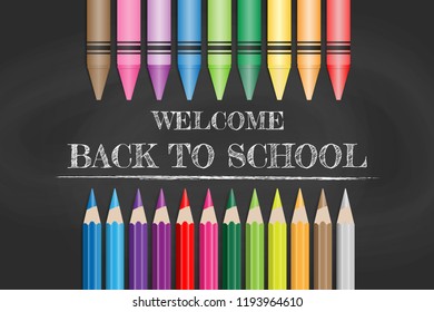Set of colour pencils in row on chalkboard background, Back to school concept. Vector illustration