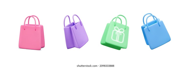 Juego de bolsas de compras realistas en color con un estilo realista. Bolsa elegante y de moda aislada en un fondo blanco. Ilustración del vector