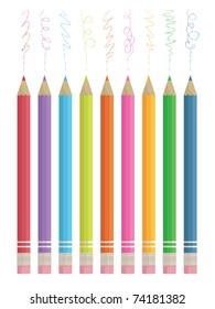 set of colour sketching pencils with scribbles, isolated on white