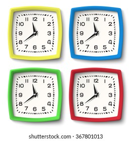 Set of colour station wall clocks isolated on white background