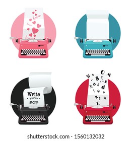 Set of colour typewriters with paper. Flat style. Blogging concept. Vector