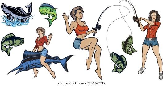 Set of colour vector illustrations for fishing theme with pin up girl, marline, salmon, mahi mahi fish, perch. 