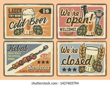 Set of colour vintage cafe signs on a light background. All text elements are in separate groups.