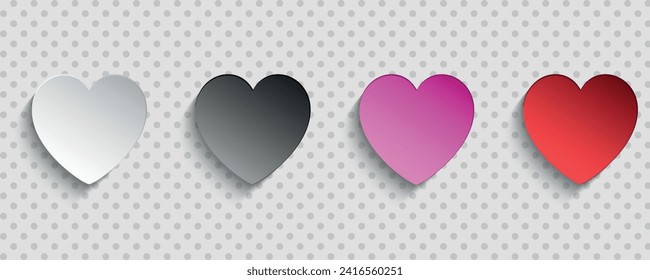 A set of coloured 3D hearts. Vector on grey background