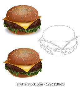 Set of coloured brown hamburger with and without a shadow 
outline line for coloring