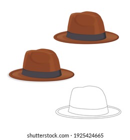 Set of coloured brown hat with and without a shadow 
outline line for coloring