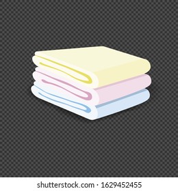 Set of coloured clean terry towels isolated. Spa cotton towels folded in stack for hotel bathroom hygiene or sauna. Three colored folded cotton towels. Fresh household fluffy textile. Vector