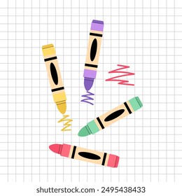 Set of coloured crayons for drawing. Preschool pencils for education. Wax pencils with strokes on paper. Coloured kids pencils in a flat style.