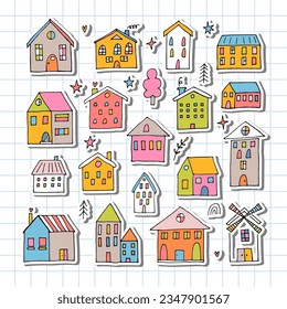 Conjunto de casas pintadas a mano de colores. Colección de edificios esbozados. Estilo Doodle. Pegatinas. Ilustración del vector