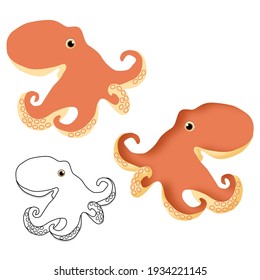 Set of coloured octopuses with stroke and outline