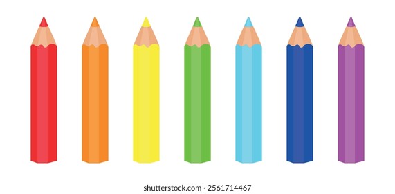 Set of coloured pencils. 7 bright rainbow colours. Back to school. Office supplies. Art supplies.