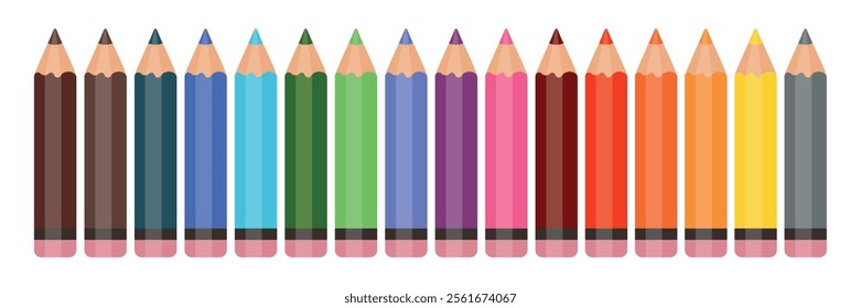 Set of coloured pencils with rubber bands. 16 bright colours. Back to school. Office supplies. Art supplies.