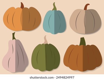 Un juego de calabazas de colores. Estilo de recorte de papel. Perfecto para acción de gracias, cosecha, temporada de otoño. Estilo plano