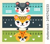 Set of coloured school rulers in centimetres and inches, decorated with animal faces, vectone illustration, flat