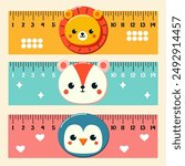Set of coloured school rulers in centimetres and inches, decorated with animal faces, vectone illustration, flat