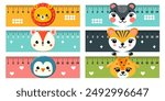 Set of coloured school rulers in centimetres and inches, decorated with animal faces, vectone illustration, flat