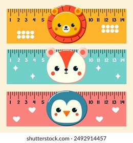 Set of coloured school rulers in centimetres and inches, decorated with animal faces, vectone illustration, flat