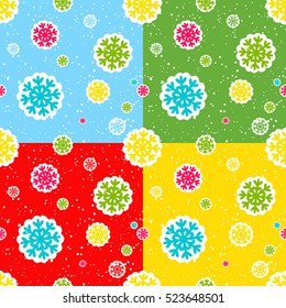 Set of coloured seamless patterns with snowflakes vector illustration