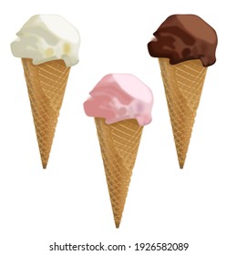 Set of coloured white pink chocolate ball ice-creams in cone