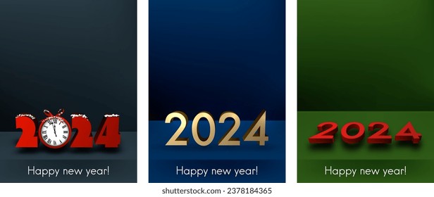 Set von bunten 3D-Tiefen-Karten mit 3D-Silvestersymbolen 2024. Vektorgrafik.