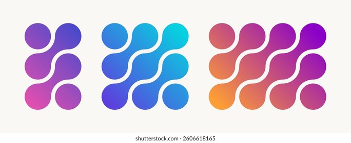 Set of colourful abstract composition of bold circles connected to each other. Liquid shapes in different gradient color. Ideal for branding, logos, packing or modern design use. Vector  illustration