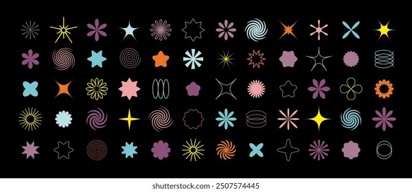 Set of colourful abstract retro geometric shapes in 70s groovy style. Contemporary collection of various bold and linear design elements: flowers, stars, spirals, swirls and other basic forms.