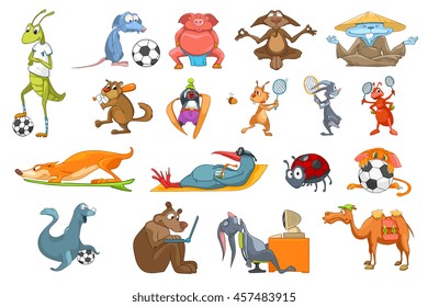 Set of colourful animals using sports equipment. Funny animals playing football, baseball, meditating in lotus pose. Animals working on computer. Vector illustration isolated on white background.