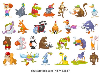 Set Of Colourful Animals Wearing Uniform And Using Sports Equipment. Animals Playing Basketball, Baseball, Rugby, Football, Golf, Riding Bicycle. Vector Illustration Isolated On White Background.