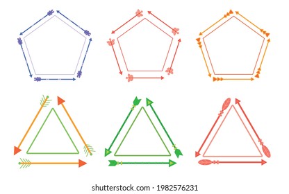 Establece marcos de flechas coloridas. Nativa tribal. Flecha arco en diferentes variaciones triángulo, pentágono. Formas lineales vectoriales coloreadas. Elementos decorativos de la habitación, menú. Para empaque de alimentos, papel de regalo