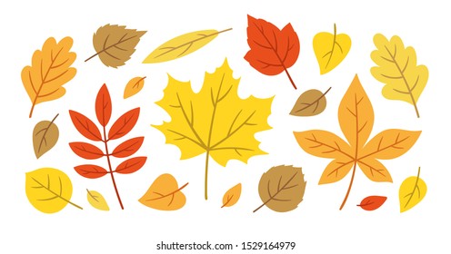 Set of colourful autumn leaves. Simple, flat, hand drawn vector illustration