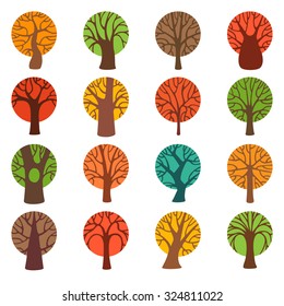 Set of colourful autumn tree icons. Various vector round trees isolated on white background. 