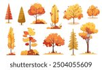Set of colourful autumn trees on white background. Vector elements for design, hello autumn
