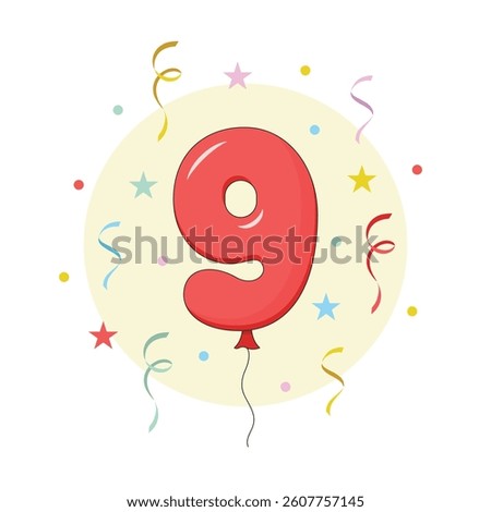 Set of colourful balloons with number. Nine years old birthday party vector illustration.